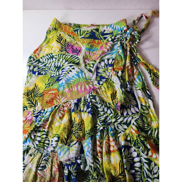 NICOLE MILLER Yellow Red Green Tropical Floral Vacation Faux Wrap Midi Skirt SZS - Picture 5 of 10